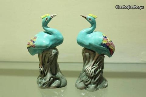 Par de Garças 12 cm Coloridas em Porcelana Chinesa