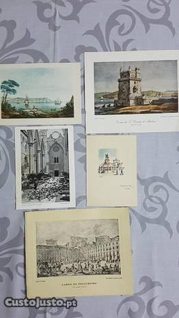 Lote 5 gravuras e postais antigos de Lisboa