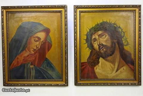 2 quadros antigos - Óleo sobre tela - Maria - Jesu