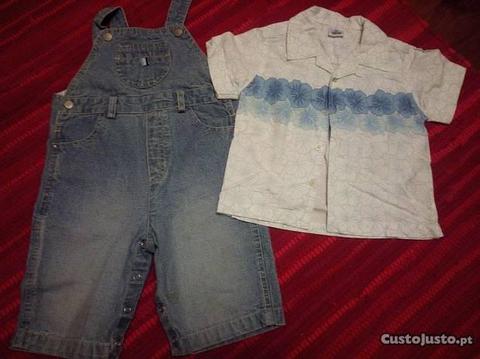 Conjunto jardineiras ganga e camisa