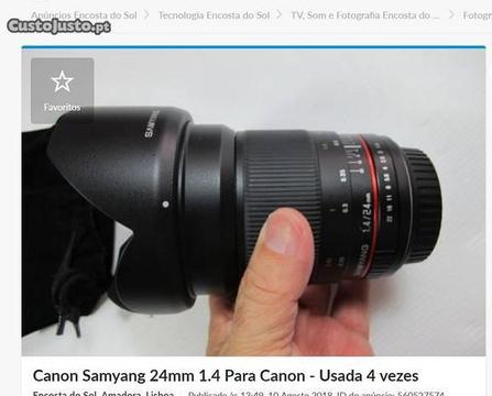 Canon Samyang 24mm 1.4 Para Canon - Usada 4 vezes