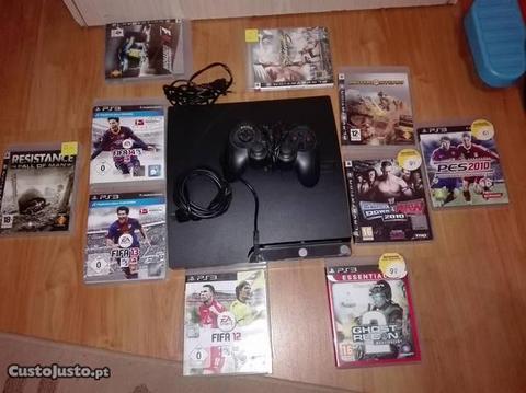 PS3 Slim + Comando + 12 Jogos