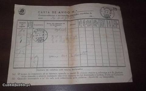 carta de aviso dos CTT S. Roque Porto de 1959