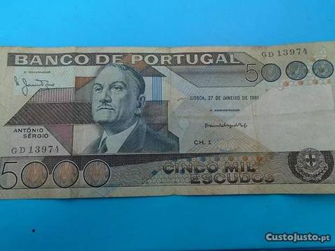 Nota 5000 Escudos António Sérgio 1981