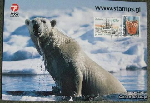 Postal Com Urso e Selos colados da Gronelândia Nov