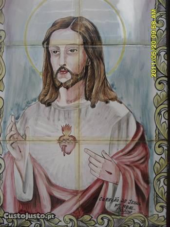 imagem de jesus pintada a mao sobre azulejos